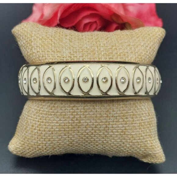 Beautiful Gold Tone & White Enamel Hinged Bangle Bracelet Tiny Rhinestone Accent - Picture 5 of 12